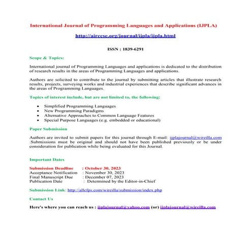 nternational Journal of Programming Languages and Applications ( IJPLA )
