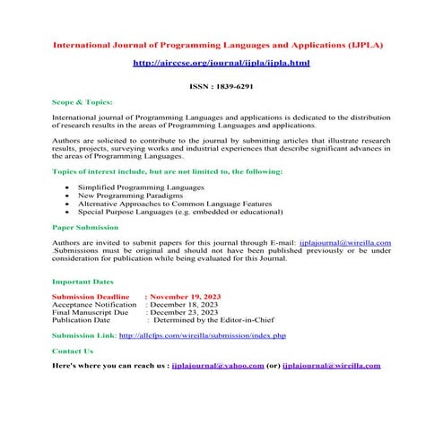 Submit Your Articles- International Journal of Programming Languages and Appl...