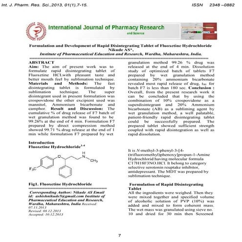 Formulation and Development of Rapid Disintegrating Tablet of Fluoxetine Hydrochloride
