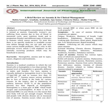 A Brief Review on Anemia & Its Clinical Management