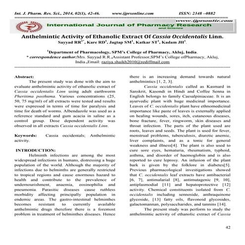Anthelmintic Activity of Ethanolic Extract Of Cassia Occidentalis Linn.
