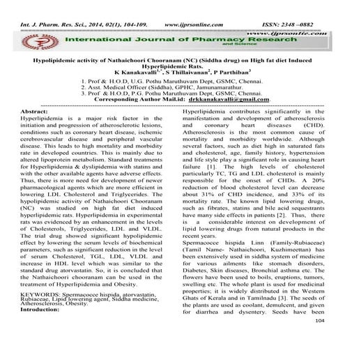 Hypolipidemic activity of Nathaichoori Chooranam (NC) (Siddha drug) on High fat diet Induced Hyperlipidemic Rats