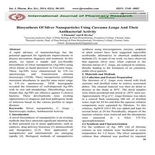 Biosynthesis Of Silver Nanoparticles Using Curcuma Longa And Their Antibacter...