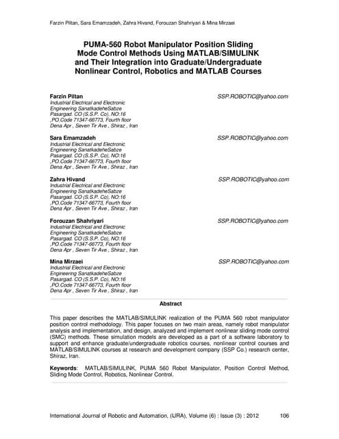 PUMA-560 Robot Manipulator Position Sliding Mode Control Methods Using MATLAB/SIMULINK and Their Integration into Graduate/Undergraduate Nonlinear Control, Robotics and MATLAB Courses | PDF PUMA-560 Robot Manipulator Position Sliding Mode Control Methods Using MATLAB/SIMULINK and Their Integration into Graduate/Undergraduate Nonlinear Control, Robotics and MATLAB Courses | PDF