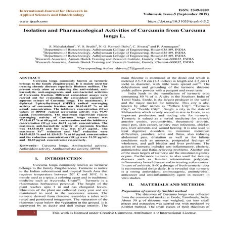 Isolation and Pharmacological Activities of Curcumin from Curcuma longa L.