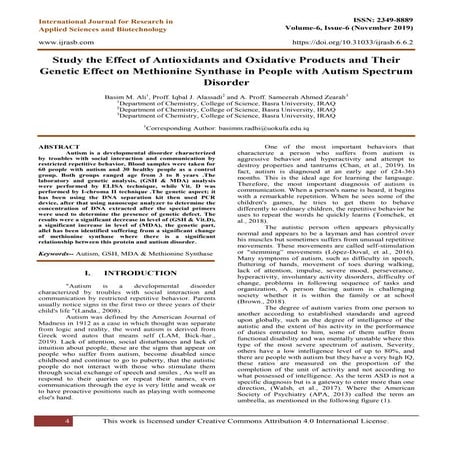Study the Effect of Antioxidants and Oxidative Products and Their Genetic Eff...