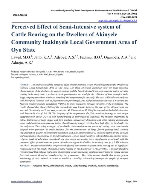 Perceived Effect of Semi-Intensive system of Cattle Rearing on the Dwellers of Akinyele Community Inakinyele Local Government Area of Oyo State