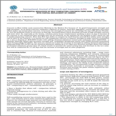 EXPERIMENTAL BEHAVIOUR OF SELF COMPACTING CONCRETE USING GGBS WITH PARTIAL RE...