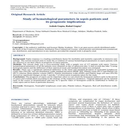 study of hematological paremeter in sepsis patients and its prognostic implic...