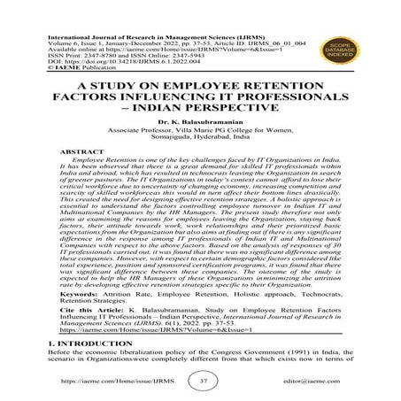 A STUDY ON EMPLOYEE RETENTION FACTORS INFLUENCING IT PROFESSIONALS – INDIAN P...