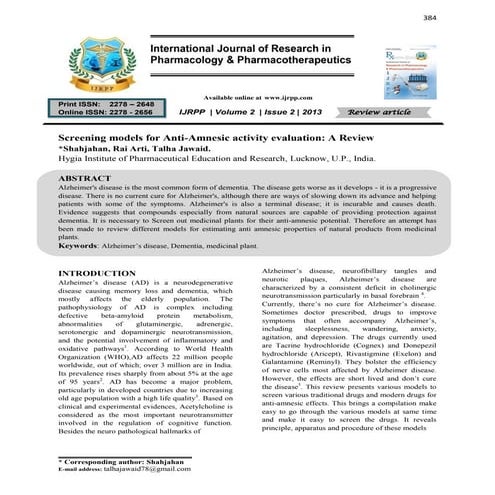 Screening models for Anti-Amnesic activity evaluation: A Review