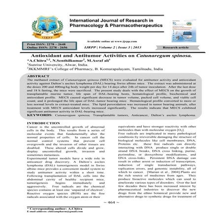 Antioxidant and Antitumor Activities on Catunaregum spinosa