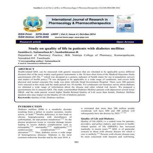 Study on quality of life in patients with diabetes mellitus | PDF