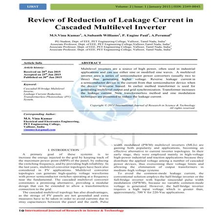 Review of Reduction of Leakage Current in Cascaded Multilevel Inverter