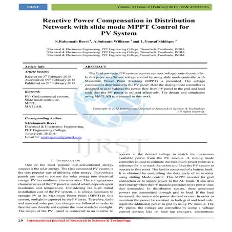 Reactive Power Compensation in Distribution Network with Slide Mode MPPT Control for PV System