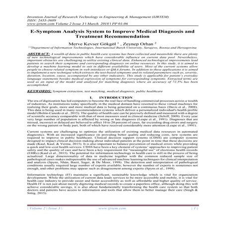E-Symptom Analysis System to Improve Medical Diagnosis and Treatment Recommen...