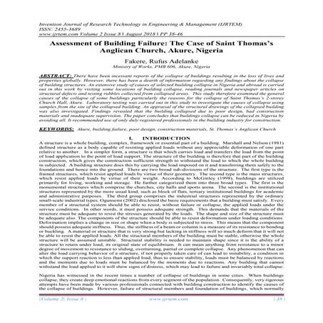 Assessment of Building Failure: The Case of Saint Thomas’s Anglican Church, A...
