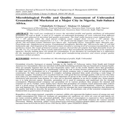 Microbiological Profile and Quality Assessment of Unbranded Groundnut Oil Mar...