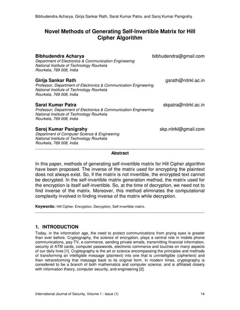 Novel Methods of Generating Self-Invertible Matrix for Hill Cipher Algorithm.