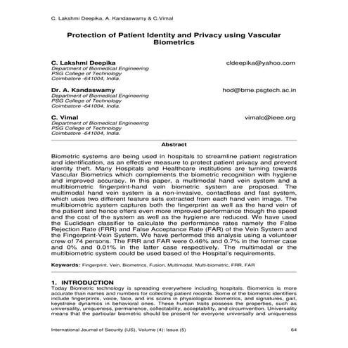Protection of Patient Identity and Privacy Using Vascular Biometrics