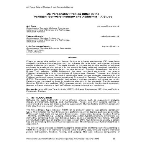 Do Personality Profiles Differ in the Pakistani Software Industry and Academi...