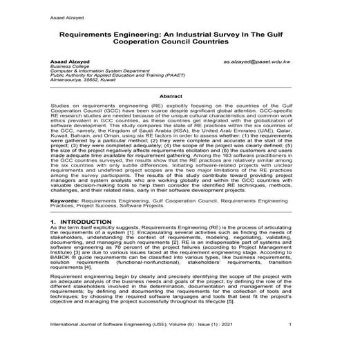 Requirements Engineering: An Industrial Survey In The Gulf Cooperation Counci...