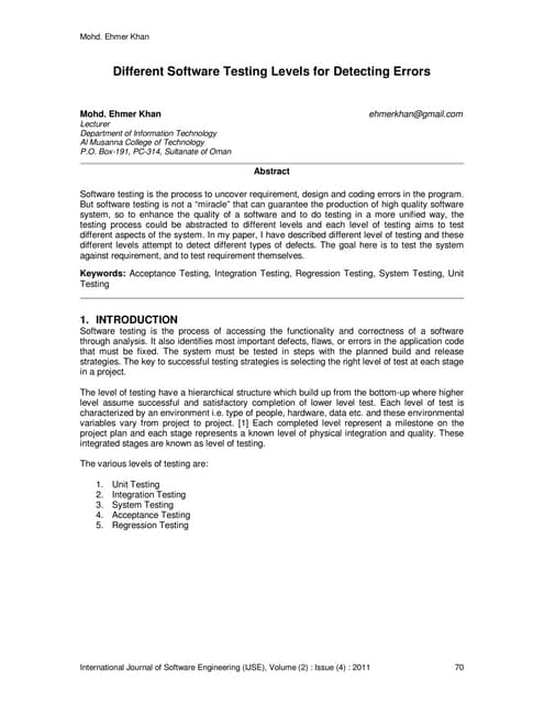 Different Software Testing Levels for Detecting Errors