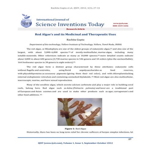 Red Algae’s and its Medicinal and Therapeutic Uses