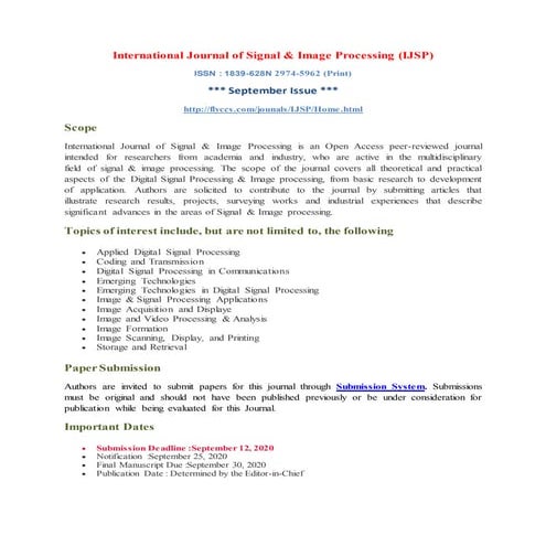 International Journal of Signal &amp; Image Processing (IJSP)