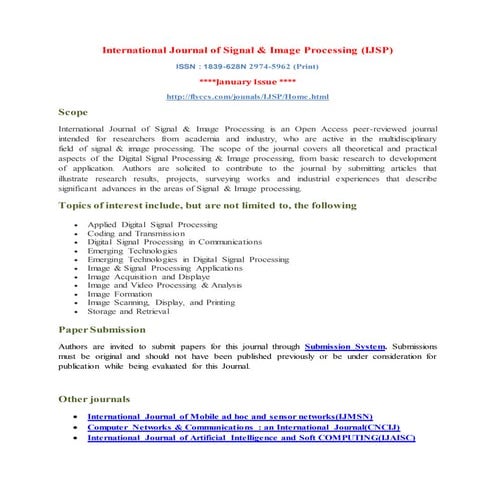 International Journal of Signal &amp;Image Processing (IJSP)