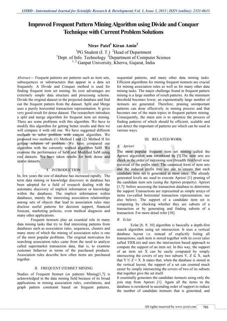 Improved Frequent Pattern Mining Algorithm using Divide and Conquer Technique...