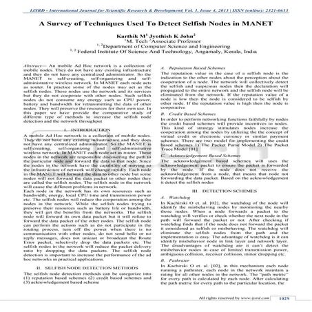  A Survey of Techniques Used To Detect Selfish Nodes in MANET