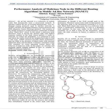 Performance Analysis of Malicious Node in the Different Routing Algorithms in...