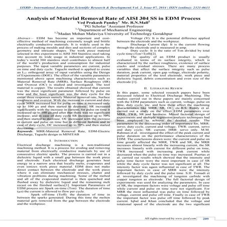 Anaysis of Material Removal Rate of AISI 304 SS In EDM Process