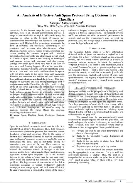 AN ANALYSIS OF EFFECTIVE ANTI SPAM PROTOCOL USING DECISION TREE CLASSIFIERS