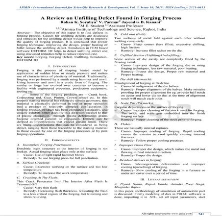 A Review on Un filling Defect Found In Forging Process