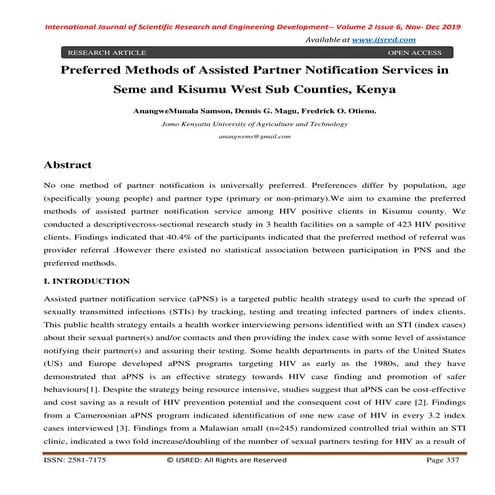 "Preferred methods of assisted Partner Notification Services in Seme and Kisu...