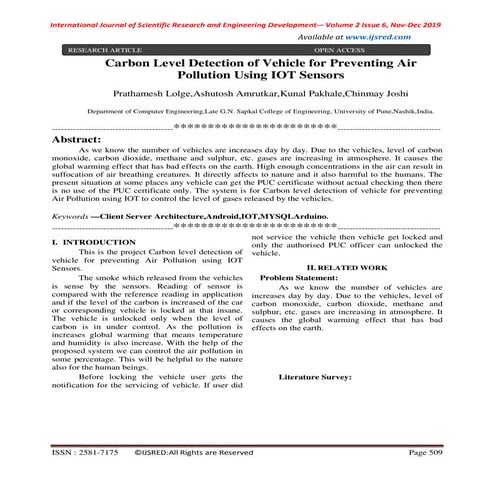 Carbon level detection of vehicle for preventing Air Pollution using IOT Sensors