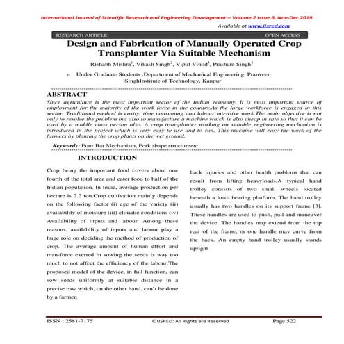 Design And Fabrication Of Manually Operated Crop Transplanter