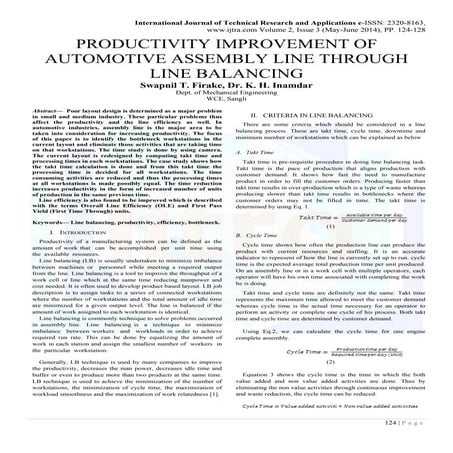 PRODUCTIVITY IMPROVEMENT OF AUTOMOTIVE ASSEMBLY LINE THROUGH LINE BALANCING