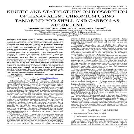 KINETIC AND STATIC STUDY ON BIOSORPTION OF HEXAVALENT CHROMIUM USING TAMARIND...