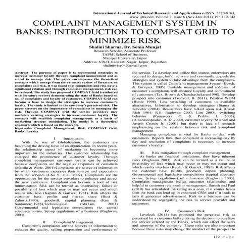 COMPLAINT MANAGEMENT SYSTEM IN BANKS: INTRODUCTION TO COMPSAT GRID TO MINIMIZ...