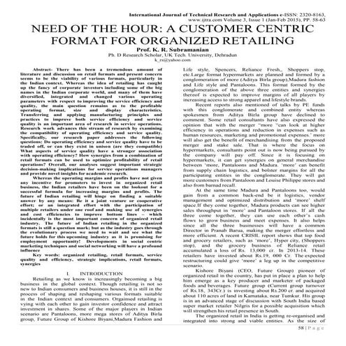 NEED OF THE HOUR: A CUSTOMER CENTRIC FORMAT FOR ORGANIZED RETAILING