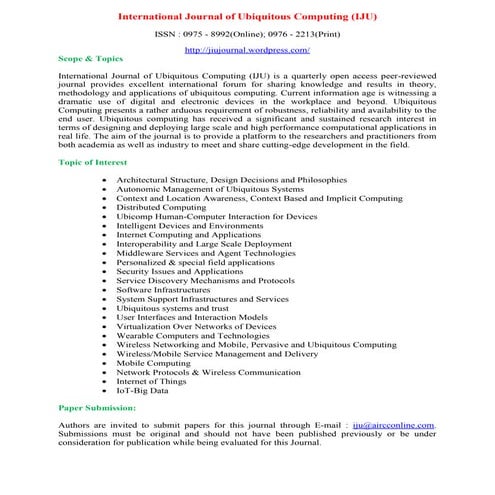 October Issue : Scope & Topics International Journal of Ubiquitous Computing ...