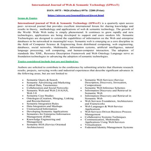 Call for Papers - International Journal of Web & Semantic Technology (IJWesT)