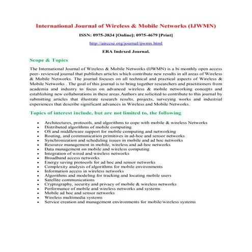 Call for Paper - International Journal of Wireless & Mobile Networks (IJWMN)