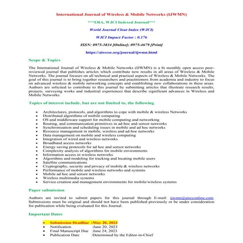 International Journal of Wireless & Mobile Networks (IJWMN)