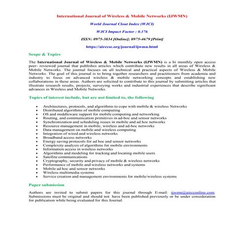 Call for Papers -International Journal of  Wireless & Mobile Networks (IJWMN)...