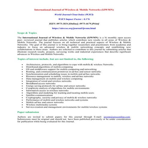 Call for Papers -International Journal of Wireless & Mobile Networks (IJWMN)