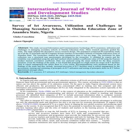 Survey of Ict Awareness, Utilization and Challenges in Managing Secondary Sch...